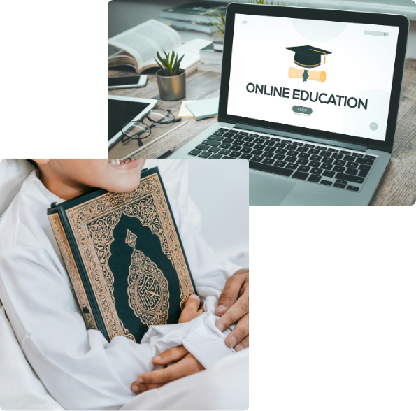 Alphabets of islam Main hero image Kid learning Quran and Online education laptop