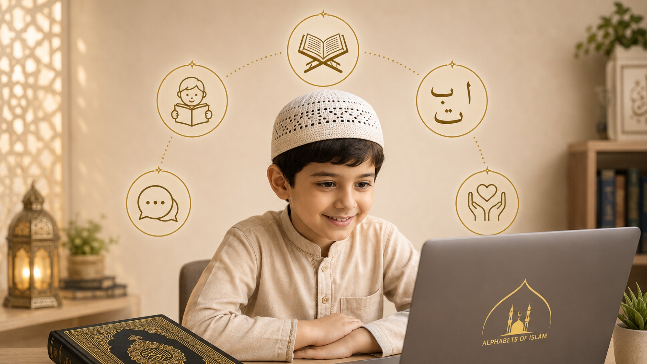 Smiling child learning Quran online at desk with laptop showing Alphabets of Islam logo, Arabic letters and Islamic education icons above