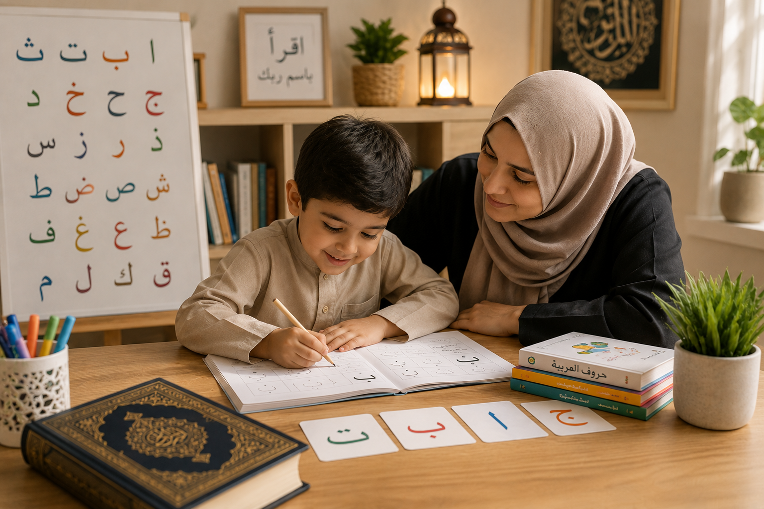 Child learning Arabic alphabet at home with parent support before Quran lessons